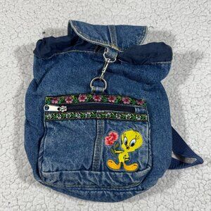 Vintage Looney Tunes Y2K Tweety Bird Embroidered Denim Mini Backpack